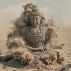 A buddha out of sand is fading away by a sandstorm in the Desert
