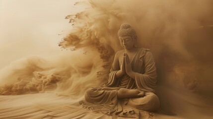 A buddha out of sand is fading away by a sandstorm in the Desert
