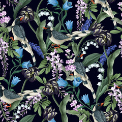 Seamless sensitive pattern with magpies and tulips. Vector. - 755116595
