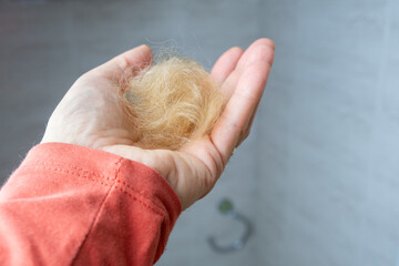 a man's hand holds a hairball of his pet. It is a light brown dog that has been brushed. hygiene...