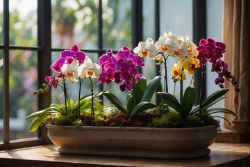 Orchideen in voller Blüte fangen das warme Licht am Fenster ein