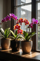 Strahlende Orchideen am Fensterbrett im Morgenlicht