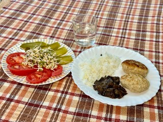 One glass of water. Tomatoes, apples, pickles, sprouted mung beans on white plate on colored background. The second plate is filled with rice, homemade cutlets and fried ordinary mushrooms. Close-up