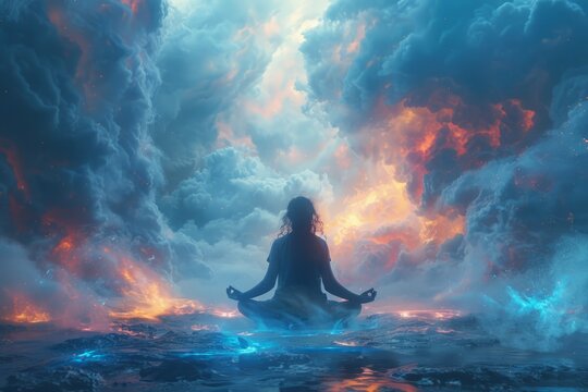 Woman Meditating in Middle of Water