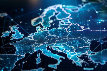 A map of Europe at night with glowing blue lights as a symbol for international communication and online data transfer. Global connection concept. View from space.
