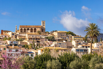 Villagescape of Selva with gothic catholic parish church Església de Sant Llorenç, Majorca,...