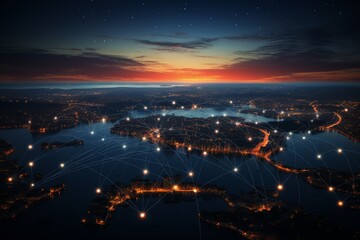 Fototapeta premium A city at night with a virtual network and communication. Internet connection over a beautiful cityscape. Technology concept.