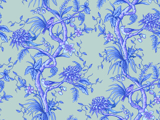 Seamless chinoiserie pattern with branches, flowers and birds. Vector. - 755117939