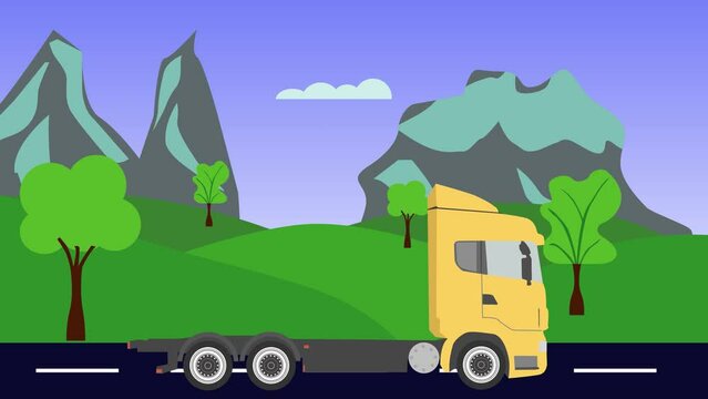 Cartoon Truck running on the way animation, Hills and mountains background, seamless loop