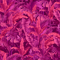 Seamless pattern with pink banana leaves. Vector. - 755118388