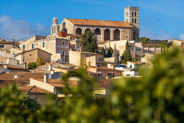 Villagescape of Selva with gothic and catholic parish church Església de Sant Llorenç, Majorca,...
