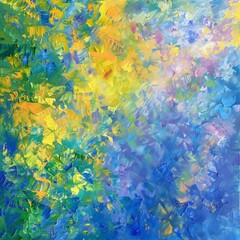 A painting featuring a bold combination of blue, yellow, and green colors, creating a dynamic and visually striking composition.