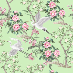 Chinoiserie seamless pattern with peonies trees and herond. Vector. - 755119304
