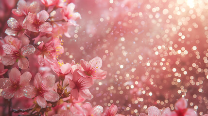Sakura flowers with pink glitter background. Cherry blossom with copy space.