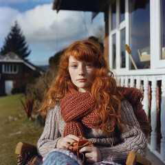 A red-haired girl with a knitted scarf sits on the street near the veranda and knits a selection. The idea of ​​creating a product with your own hands