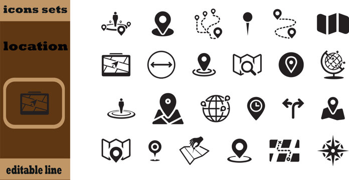 Location icon set. Containing map, map pin, gps, destination, directions, distance, place, navigation and address icons. Solid icons vector collection