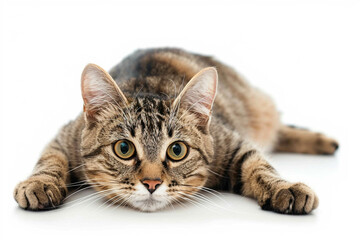 Obraz premium A gray striped cat lies on a white background. Close-up.