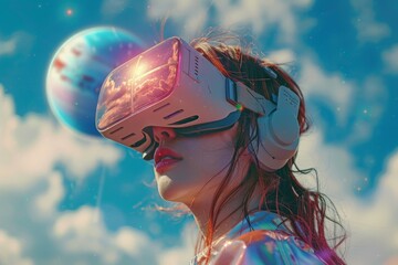 Obraz na płótnie Canvas Woman Experiencing Virtual Reality With Blue Sky Background