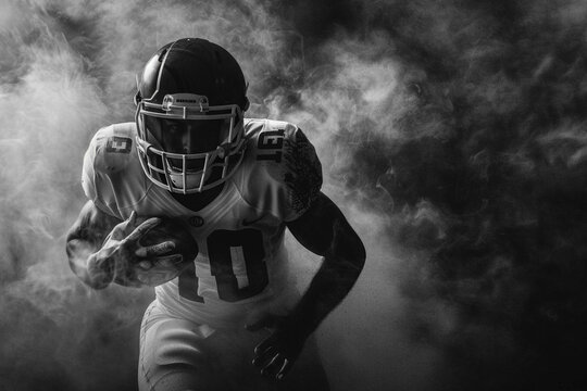American football player in the smoke with the ball in his hands runs forward, image white black