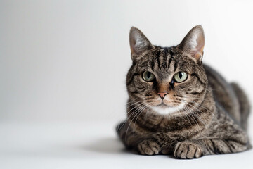 A gray striped cat lies on a white background. Close-up.