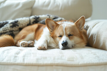 A cute Corgi dog sleeps on a white sofa with a blanket. Close-up.