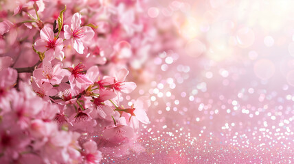 Sakura flowers with pink glitter background. Cherry blossom with copy space. - obrazy, fototapety, plakaty