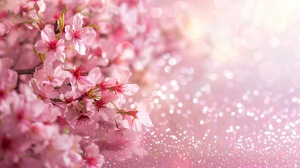 Foto op Aluminium Sakura flowers with pink glitter background. Cherry blossom with copy space. © Harry