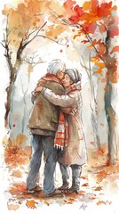 An elderly couple is hugging in a forest with orange and red autumn leaves.