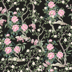 Chinoiserie seamless pattern with peonies trees and flowers. Vector. - 755120909