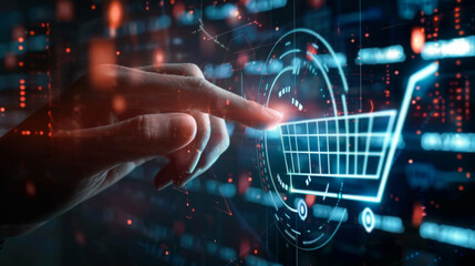 A hand is pointing at a digital shopping cart on a computer screen. Concept of online shopping and the convenience of being able to purchase items from the comfort of one's own home.