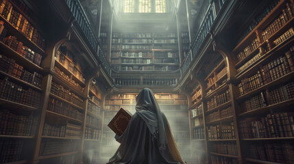 Mystical and esoteric, a magical library and the Librarian dressed in black robes, with his back turned, holding a magical book in his hand. A librarian who preserves ancient tomes that are forgotten  - obrazy, fototapety, plakaty