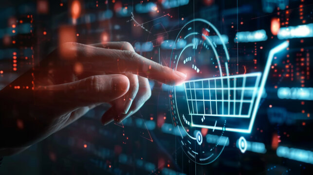 A hand is pointing at a digital shopping cart on a computer screen. Concept of online shopping and the convenience of being able to purchase items from the comfort of one's own home.