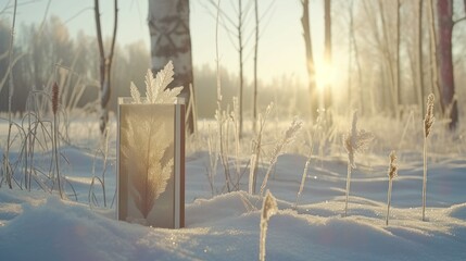 a box sitting in the middle of a snow covered field with tall grass in the foreground and trees in the background.