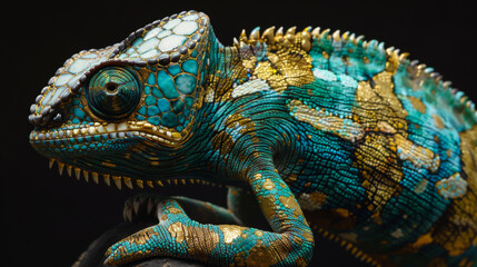 A chameleon with a spiral pattern on its tail. The chameleon is standing on a black background