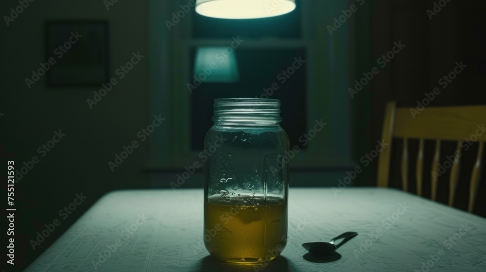 Poster a jar of liquid sitting on a table with a spoon in front of it and a light in the background.