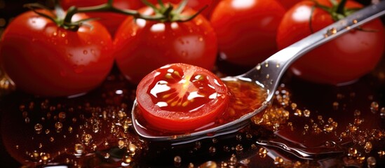 A plum tomato slice resting on a spoon among fresh tomatoes a versatile ingredient used in various dishes and cuisines, making it a staple in any kitchen