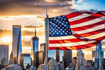 A large American flag is flying high above a city skyline