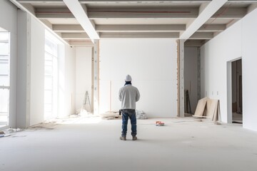 Fototapeta premium worker in work clothes stands in front of a huge white wall of a modern contemporary interior which is undergoing renovation