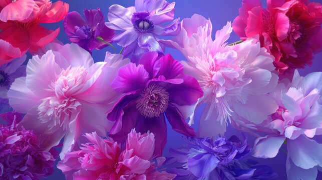 a close up of a bunch of flowers on a blue and pink background with pink and purple flowers in the middle of the picture.