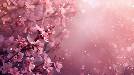 Fototapeta premium Sakura flowers with pink glitter background. Cherry blossom with copy space.