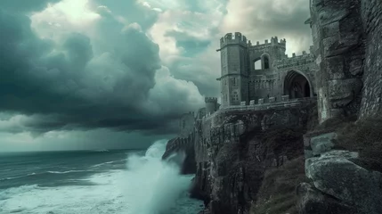Papier Peint photo Europe méditerranéenne A historic medieval castle on a cliff, ocean waves crashing below, dramatic sky, knights and horses, period architecture. Resplendent.
