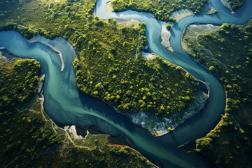 Lush River aerial hills. Travel drone. Generate Ai