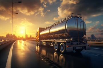 Rear view of big metal fuel tanker truck in motion on the highway shipping fuel to oil refinery against sunset sky.