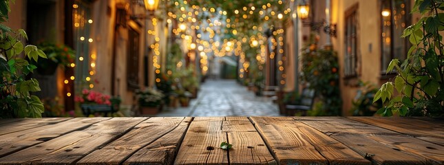 Rustic wooden tabletop with a dreamy blurred background of glowing string lights and green foliage, evoking a cozy evening ambiance. - obrazy, fototapety, plakaty