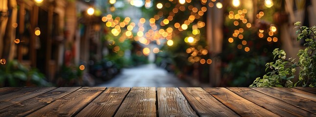Rustic wooden tabletop with a dreamy blurred background of glowing string lights and green foliage, evoking a cozy evening ambiance. - obrazy, fototapety, plakaty