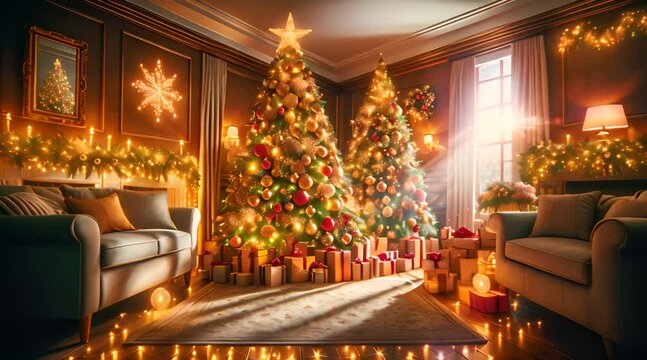 Cozy living room decorated for Christmas with tree and gifts in warm light