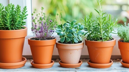 Fototapeta premium a row of potted plants sitting on top of a window sill in front of a window sill.