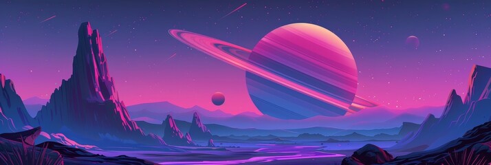 A mountain landscape on an alien planet with a planet in space. Pink and purple wallpaper background illustration.