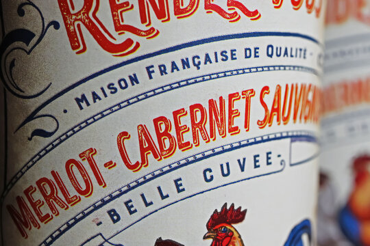 Viersen, Germany - March 1. 2024: Closeup of french red Merlot Cabernet Sauvignon belle cuvee wine bottle vintage design label Premier Rendez-Vous