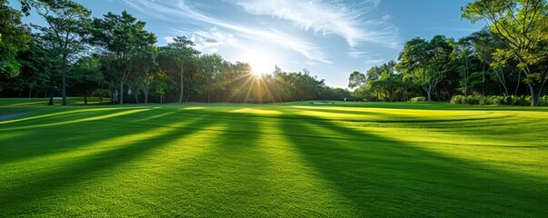 Golf course with lush fairways, pristine green grass under clear skies - obrazy, fototapety, plakaty